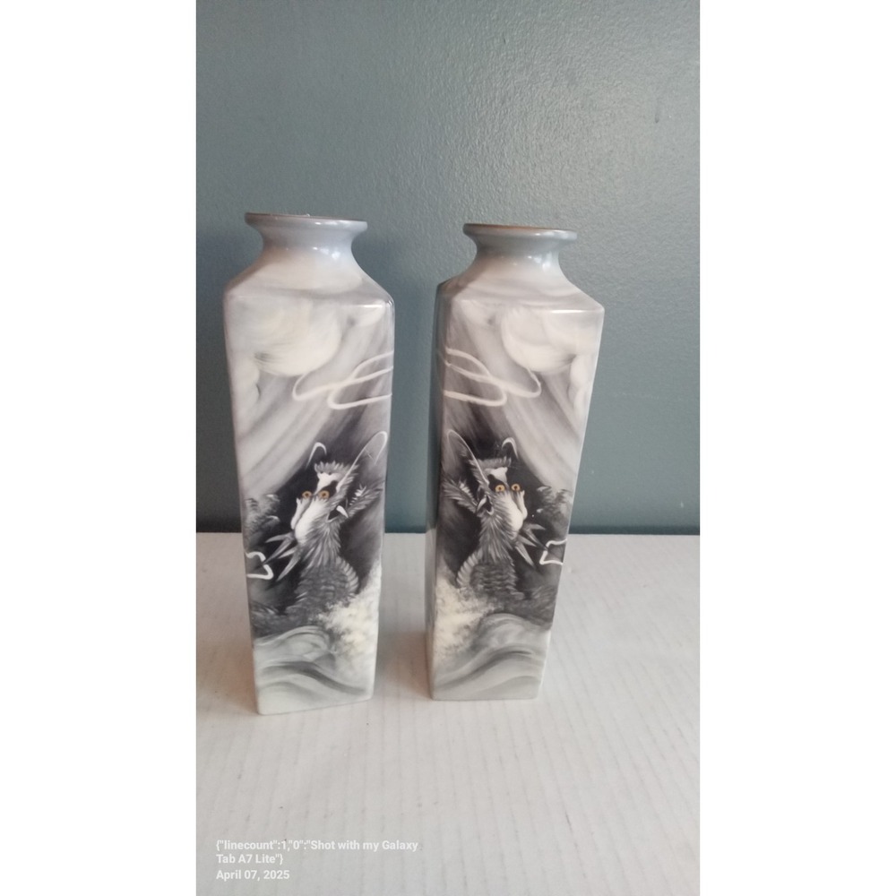Vintage Pair Square Porcelain Dragon Vases Monochromatic Grey White Set of 2